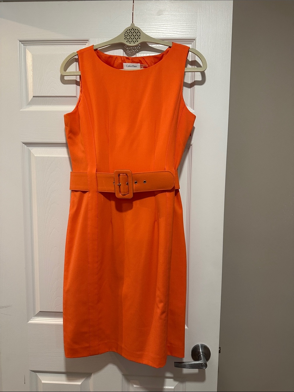 Calvin Klein Bright Orange Sleeveless Belted Midi Dress